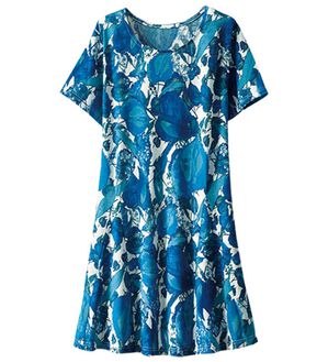 BELLUNA（ベルーナ）の「【動画】フレアーシルエットプリントチュニック（チュニック）」｜リーフ柄(ブルー系)