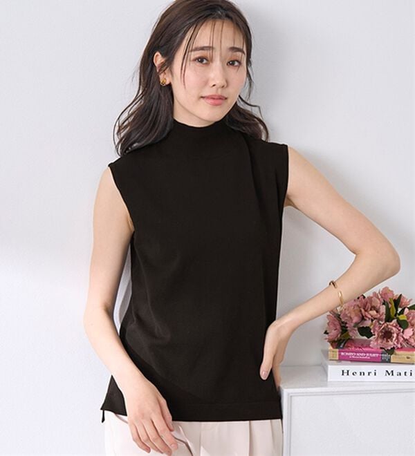 BELLUNA（ベルーナ）の「Ｔシャツが苦手な方に！ひんやり綿混ニットＴ【選べるデザイン】（ニット・セーター）」｜黒(タンク)