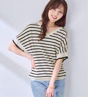 alotta（アロッタ）の「ゆるっと涼やかＶネックプルオーバー（ニット・セーター）」｜ボーダー