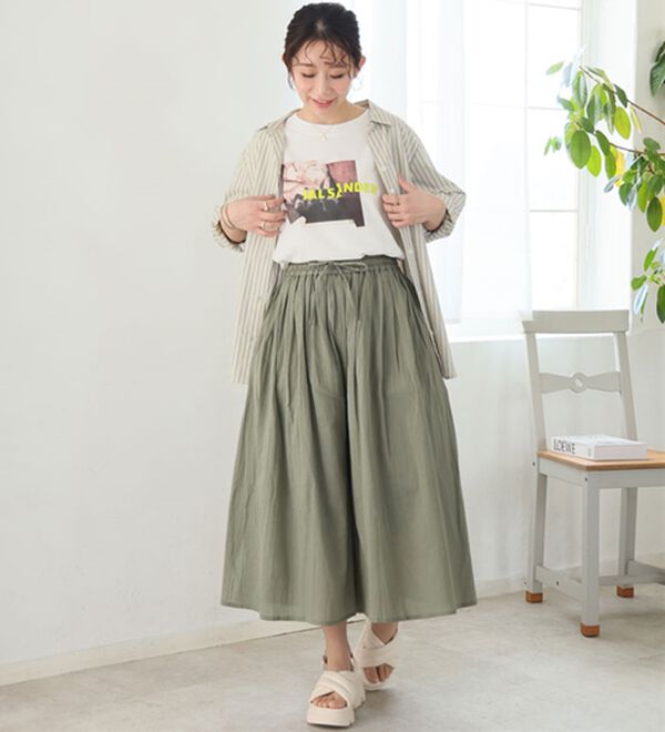 A HAPPY MARILYN（アハッピーマリリン）の「【Ｌ～６Ｌ】【２丈展開】【風通るプレミアム】綿・楊柳、ギャザーフレアスカンツ。（ワイドパンツ・ガウチョ）」｜詳細画像