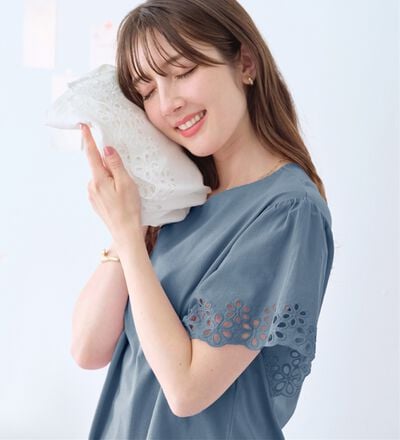 OUR 撥水素材の半袖きれいめプルオーバー（接触冷感） 接触冷感】綿100％袖レースプルオーバー さらひやりコットン【イエ