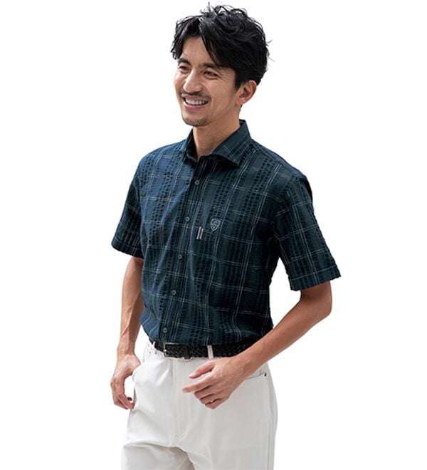 「＜ダンロップ・リファインド＞こだわりの絣（かすり）チェック涼感シャツ（メンズシャツ）」｜詳細画像