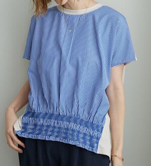 BELLUNA（ベルーナ）の「【ひんやり接触冷感】シャーリング使い異素材切替プルオーバー（カットソー）」｜ブルー系