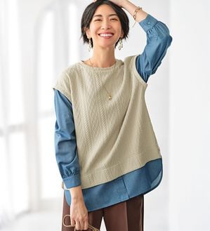 BELLUNA（ベルーナ）の「重ね着風ケーブル&times;デニム切替チュニック（チュニック）」｜詳細画像