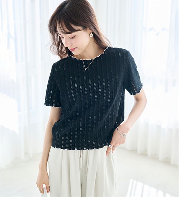 RANAN（ラナン）の「インせず着られる！透かし柄メロー配色Ｔシャツ（カットソー）」｜詳細画像