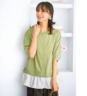 BELLUNA（ベルーナ）の「異素材切替ボタン使いカーディガン（その他カーディガン）」｜ライトグリーン