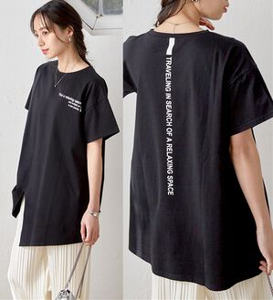 RANAN（ラナン）の「【ひんやり】ロゴプリントチュニックTシャツ（Tシャツ）」｜ブラック(ロゴ)