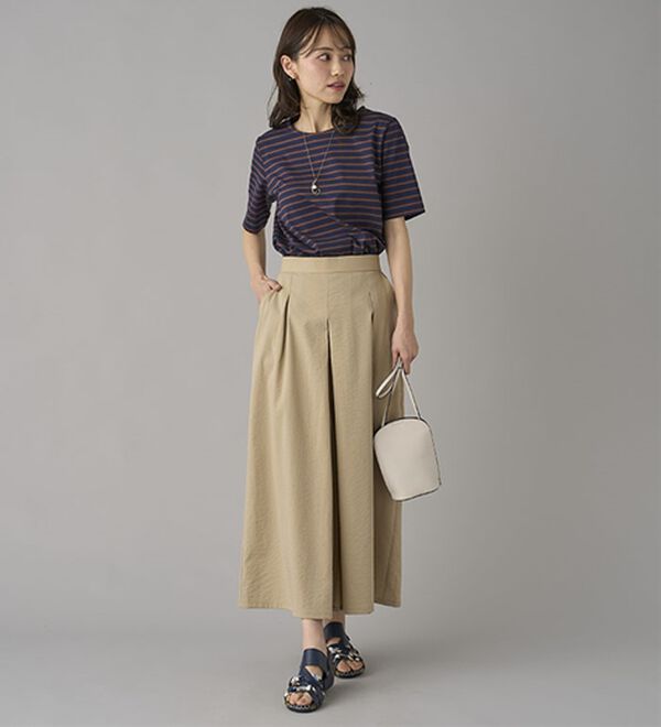 BELLUNA（ベルーナ）の「ひんやりスラブ調素材ガウチョパンツ（フルレングスパンツ）」｜詳細画像