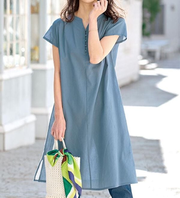 BELLUNA（ベルーナ）の「楊柳素材涼やかシャツワンピース（シャツワンピース）」｜ブルーグレー