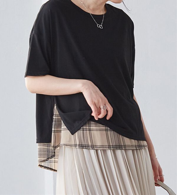 RANAN（ラナン）の「チェック柄異素材使いTシャツ（カットソー）」｜詳細画像