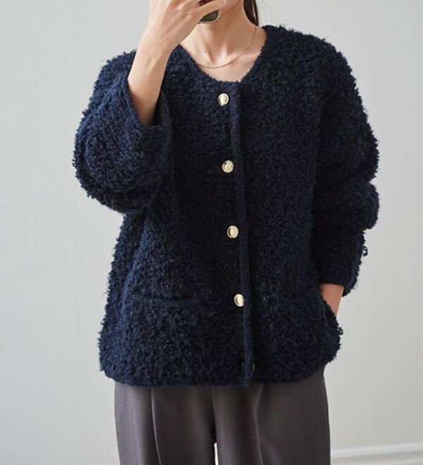 RANAN（ラナン）の「ゴールド調ボタンループ編みニットジャケット（ニットカーディガン）」｜詳細画像