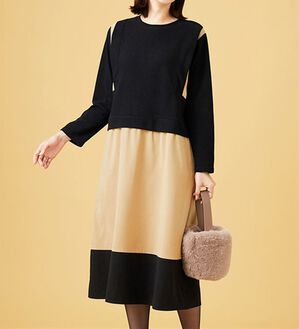 BELLUNA（ベルーナ）の「異素材切替デザインバイカラーワンピース（その他ワンピース）」｜黒系