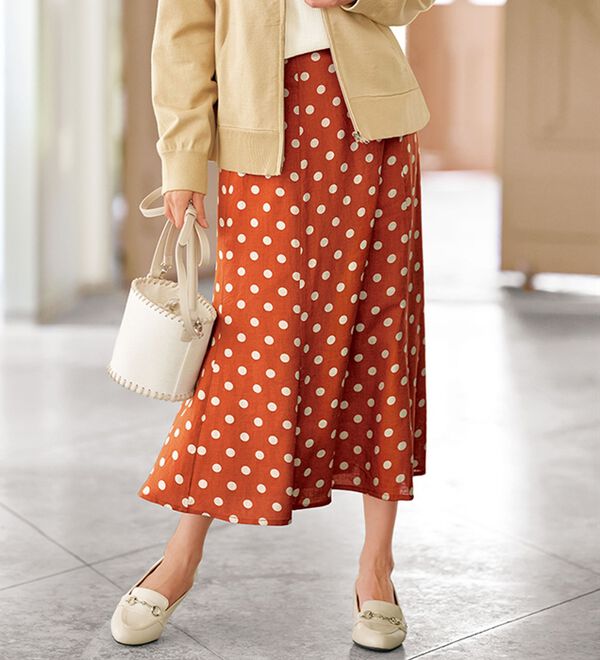 BELLUNA（ベルーナ）の「麻混素材ドット柄フレアースカート（ロングスカート）」｜詳細画像