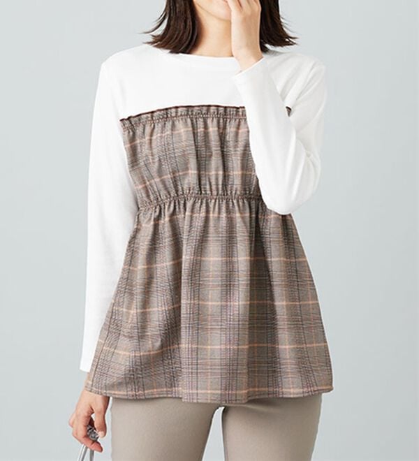 BELLUNA（ベルーナ）の「チェック柄ビスチェドッキングプルオーバー（カットソー）」｜ブラウン系チェック