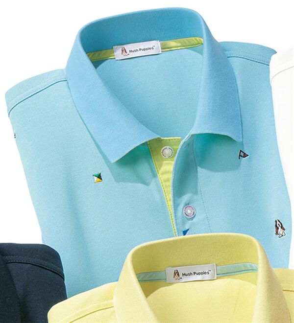 「＜ハッシュパピー＞ワッペン付配色ポロシャツ（メンズポロシャツ）」｜ブルー(トビ柄)