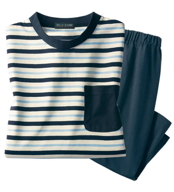 「綿混半袖ボーダーパジャマ（メンズルームウェア）」｜ボーダー／ネイビーセット