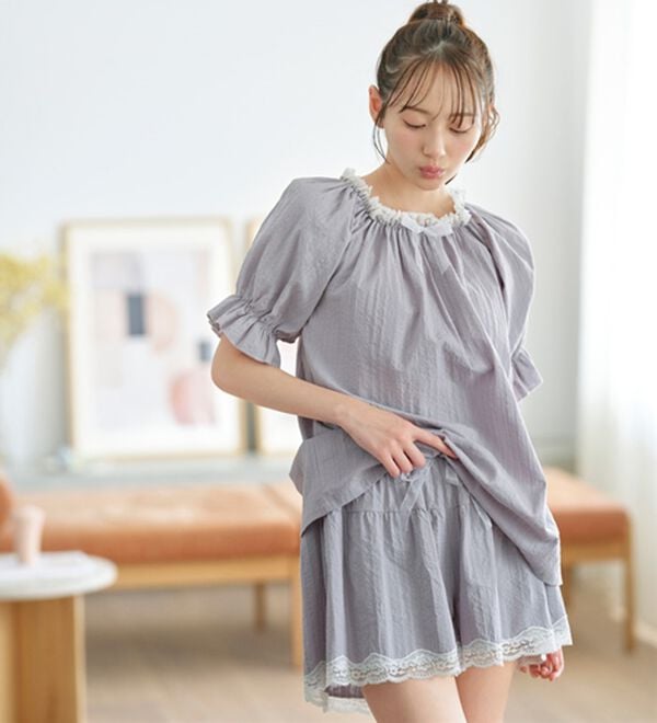 YU'NOW（ユナウ）の「【上下２点セット】スクエアネックドビーストライプパジャマ（パジャマ・ルームウェア）」｜詳細画像