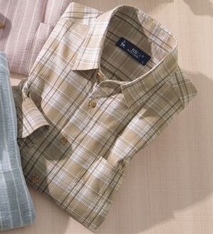 「＜カルビア＞着心地快適！しじら織りストレッチシャツ（メンズシャツ）」｜ベージュチェック