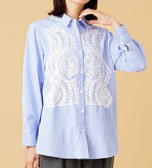 BELLUNA（ベルーナ）の「【Ｌａｇｒｉｌｕａ】レース使いストライプシャツチュニック（チュニック）」｜ブルー系