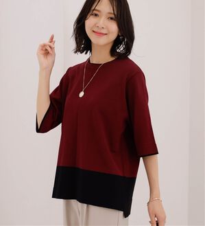 BELLUNA（ベルーナ）の「洗える！配色デザインニットプルオーバー（ニット・セーター）」｜ボルドー&times;黒