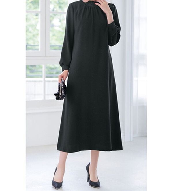 RANAN（ラナン）の「洗える！スカラップリブ使いロングワンピース（ロングワンピース）」｜ブラック