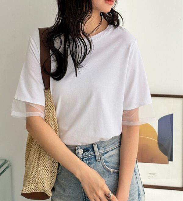 GeeRA（ジーラ）の「綿１００％袖シアー切替シルケットＴシャツ（Tシャツ）」｜詳細画像