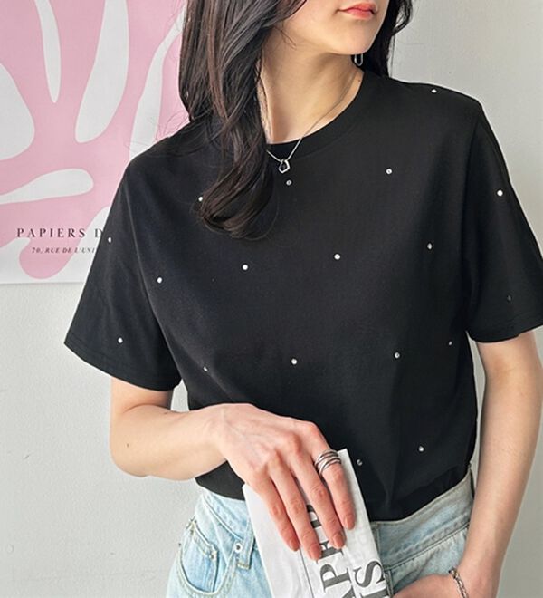 GeeRA（ジーラ）の「綿１００％ラインストーンドットＴシャツ（カットソー）」｜詳細画像