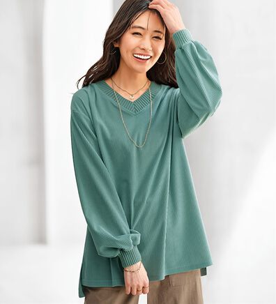 BELLUNA（ベルーナ）の「ニットリブＶネックコーデュロイプルオーバー（カットソー）」