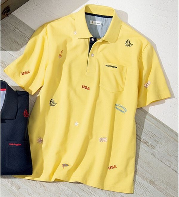 「＜ハッシュパピー＞マリンモチーフ飛び柄刺しゅうポロシャツ（メンズポロシャツ）」｜イエロー