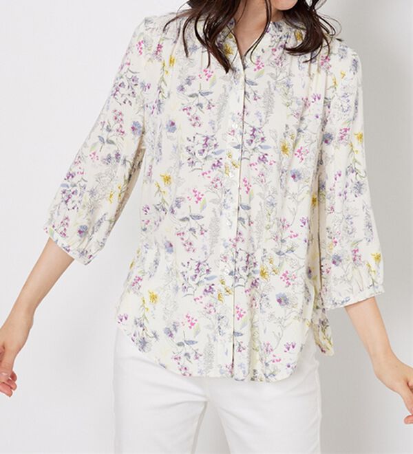 BELLUNA（ベルーナ）の「【接触冷感】レーヨン素材ギャザー使いプリントブラウス（ブラウス）」｜詳細画像