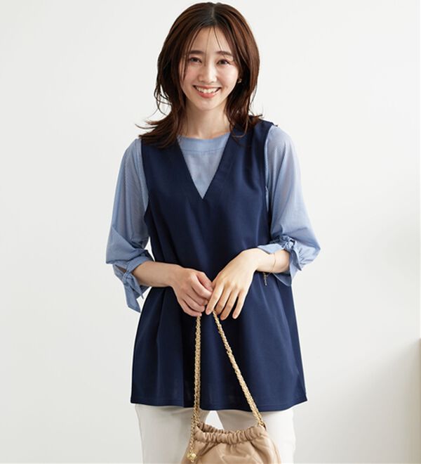 BELLUNA（ベルーナ）の「【2点セット】ストライプシャツ×ベストアンサンブル（アンサンブル）」｜詳細画像