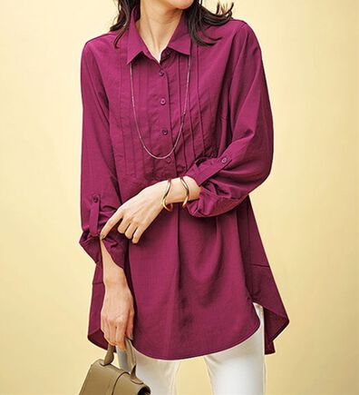 BELLUNA（ベルーナ）の「麻調素材タックデザインシャツチュニック（チュニック）」