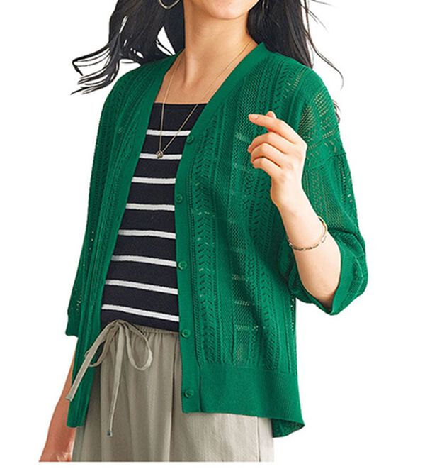 BELLUNA（ベルーナ）の「麻タッチ透かし編５分袖ニットカーディガン（ニットカーディガン）」｜グリーン