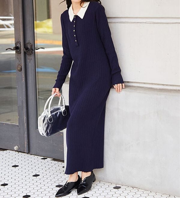 RANAN（ラナン）の「ポロカラーリブニットワンピース（ロングワンピース）」｜詳細画像