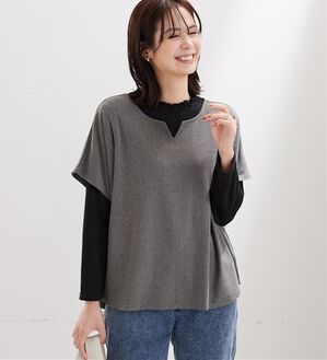 BELLUNA（ベルーナ）の「【2点セット】もちもち素材キーネックポンチョアンサンブル（アンサンブル）」｜チャコール×黒