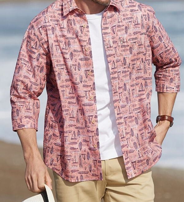 「＜ハッシュパピー＞総柄リップル７分袖シャツ（メンズシャツ）」｜詳細画像