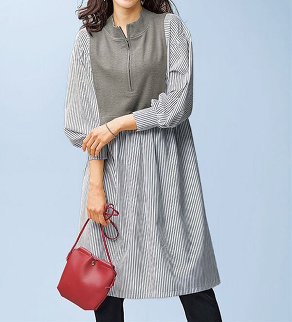 BELLUNA（ベルーナ）の「ハーフジップ使いストライプ切替ワンピース（チュニック）」｜杢グレー系