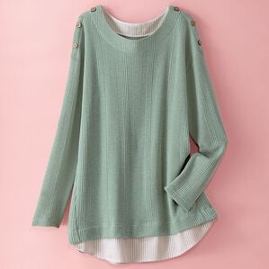 BELLUNA（ベルーナ）の「ワッフル素材重ね着風プルオーバー（カットソー）」｜セージ