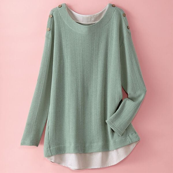 BELLUNA（ベルーナ）の「ワッフル素材重ね着風プルオーバー（カットソー）」｜セージ