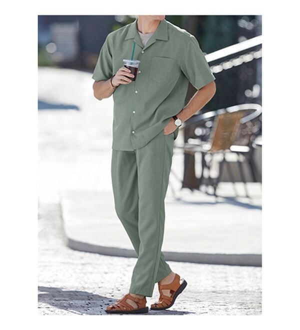 「リネンタッチワンタックワイドパンツ・オープンカラーワイドシャツ（メンズシャツ）」｜詳細画像