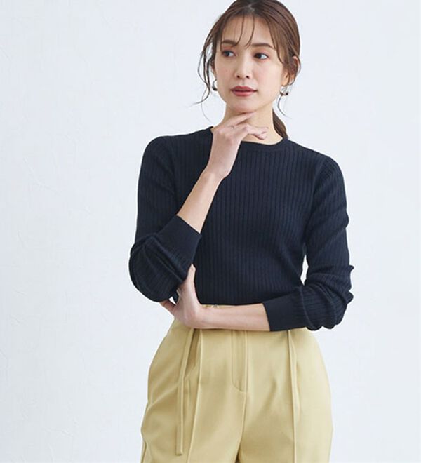 Pierrot（ピエロ）の「【洗濯機で洗える】ネックが選べるシルクタッチリブニット（ニット・セーター）」｜詳細画像