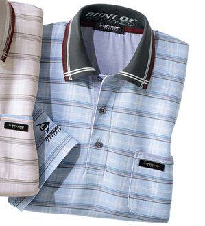 「＜ダンロップ・リファインド＞吸汗速乾チェック柄７分袖ポロシャツ（メンズポロシャツ）」｜ブルーグレー