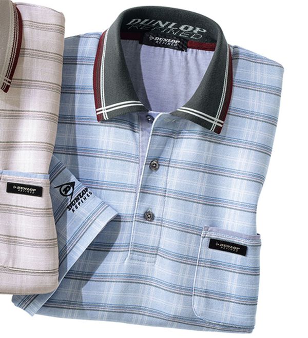 「＜ダンロップ・リファインド＞吸汗速乾チェック柄７分袖ポロシャツ（メンズポロシャツ）」｜ブルーグレー