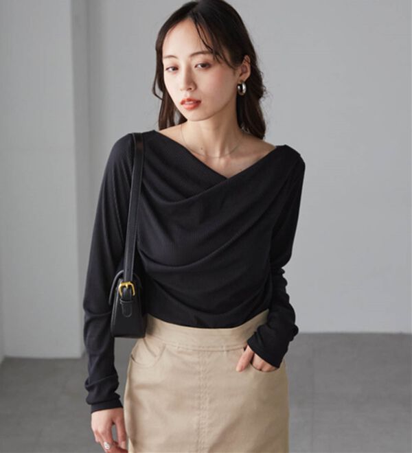 RANAN（ラナン）の「【春色追加】上品ドレープリブロングＴシャツ（カットソー）」｜詳細画像