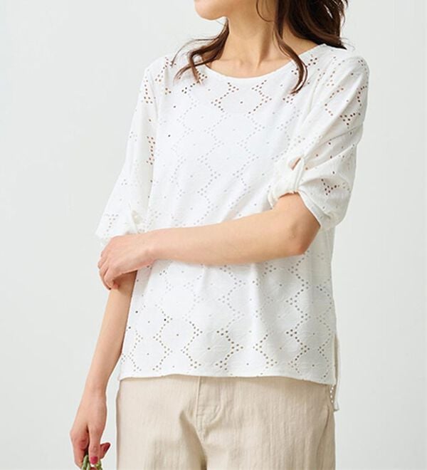 RANAN（ラナン）の「ジャカード素材ボリューム袖プルオーバー（カットソー）」｜オフホワイト