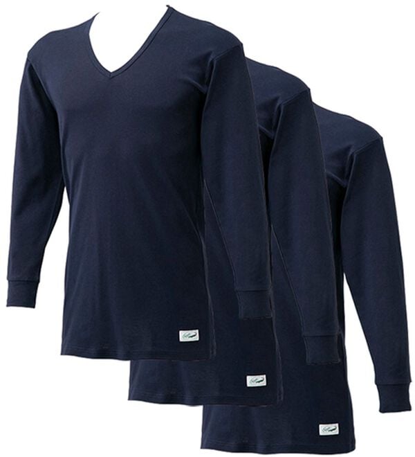 「【３枚組】＜クロコダイル＞極温（Ｒ）厚地×裏起毛綿１００％インナー（メンズ肌着・インナーウェア）」｜インディゴ3枚組 長袖V首