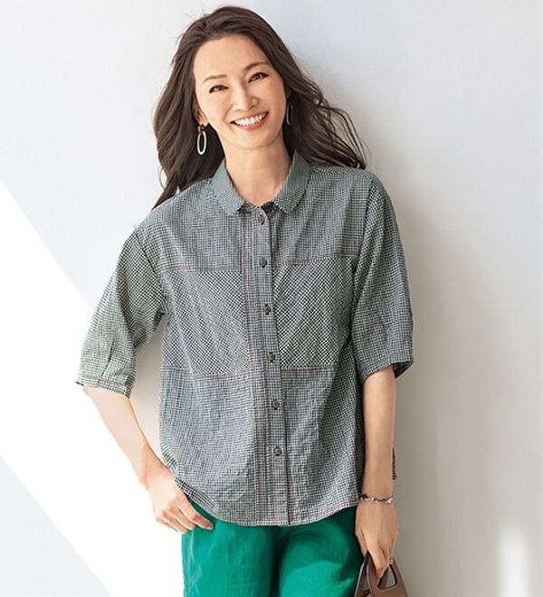 BELLUNA（ベルーナ）の「夏に嬉しいさらっと切替シャツブラウス（シャツ）」｜ギンガムチェック