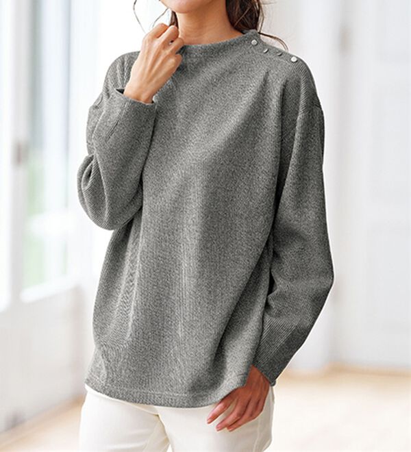 BELLUNA（ベルーナ）の「ニット見え素材肩ボタンプルオーバー（カットソー）」｜杢グレー