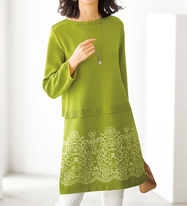 BELLUNA（ベルーナ）の「レース柄ジャカード切替ニットチュニック（チュニック）」｜詳細画像