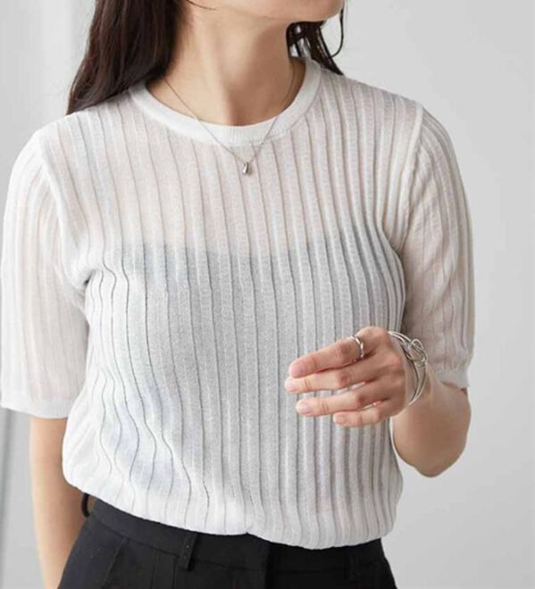 RANAN（ラナン）の「5分袖シアーラメリブニット（ニット・セーター）」｜詳細画像